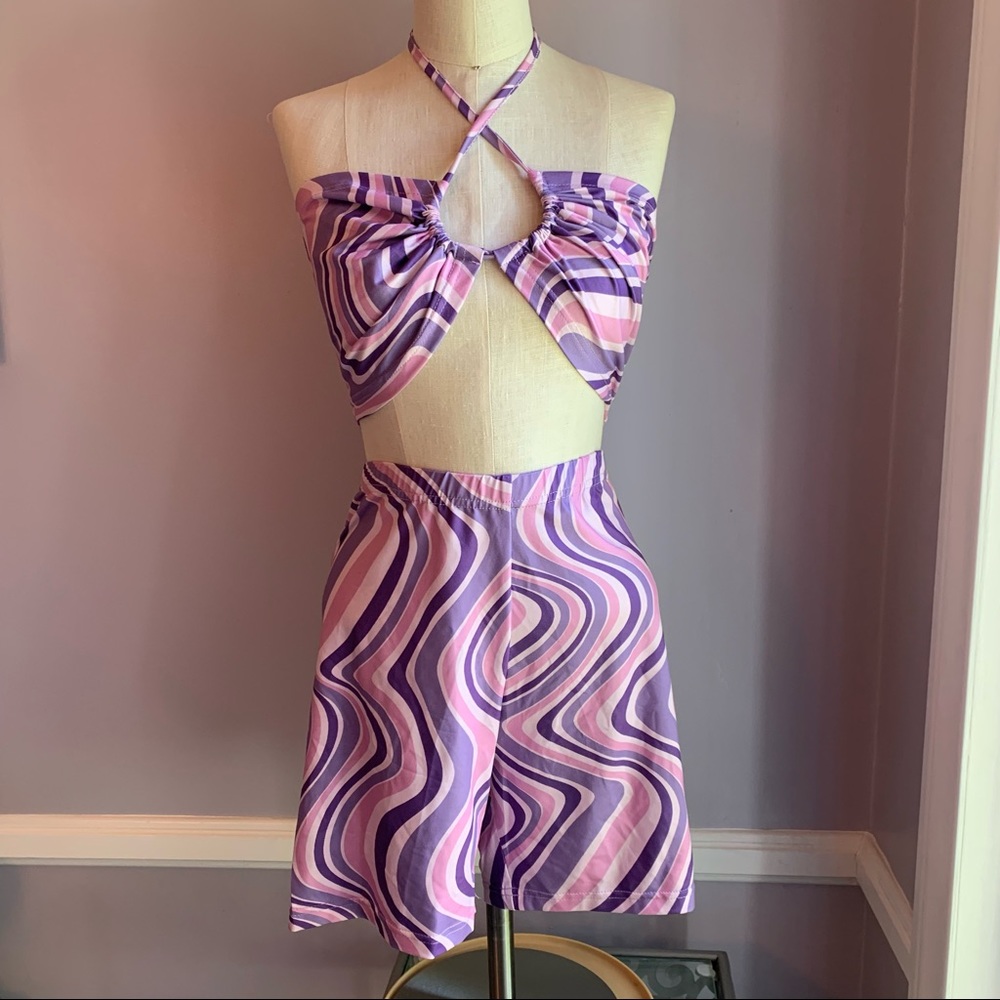 Purple marble pattern 2 piece criss cross halter top and bike short set Size L